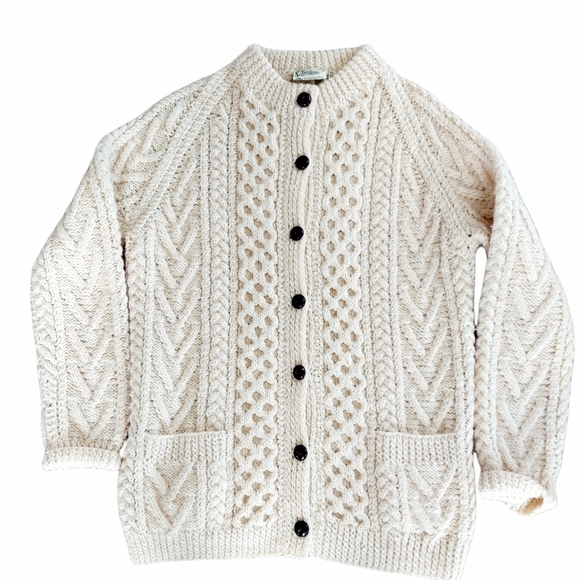 Hand Crafted Sweaters - Vintage Gaeltarra Cardigan Made in Ireland Cream Sz 40